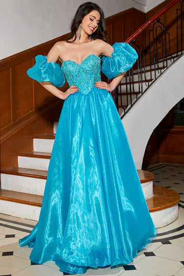 Blue A-Line Sweetheart Beaded Corset Long Ball Dress with Puff Sleeves